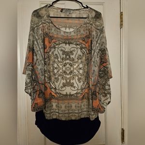 JENNIFER LOPEZ ClassyTunic Print Top Blouse with Attached Mesh Shell, XL